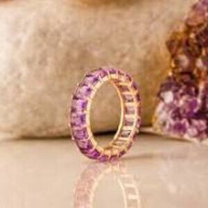 Purple Amethyst Band Ring Solid 14kt Gold Eternity Band Yellow Gold Size 8